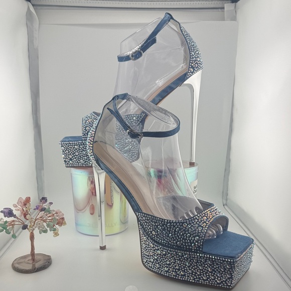 Dazzling Denim Blue Crystal Platform Heels - Picture 1 of 5
